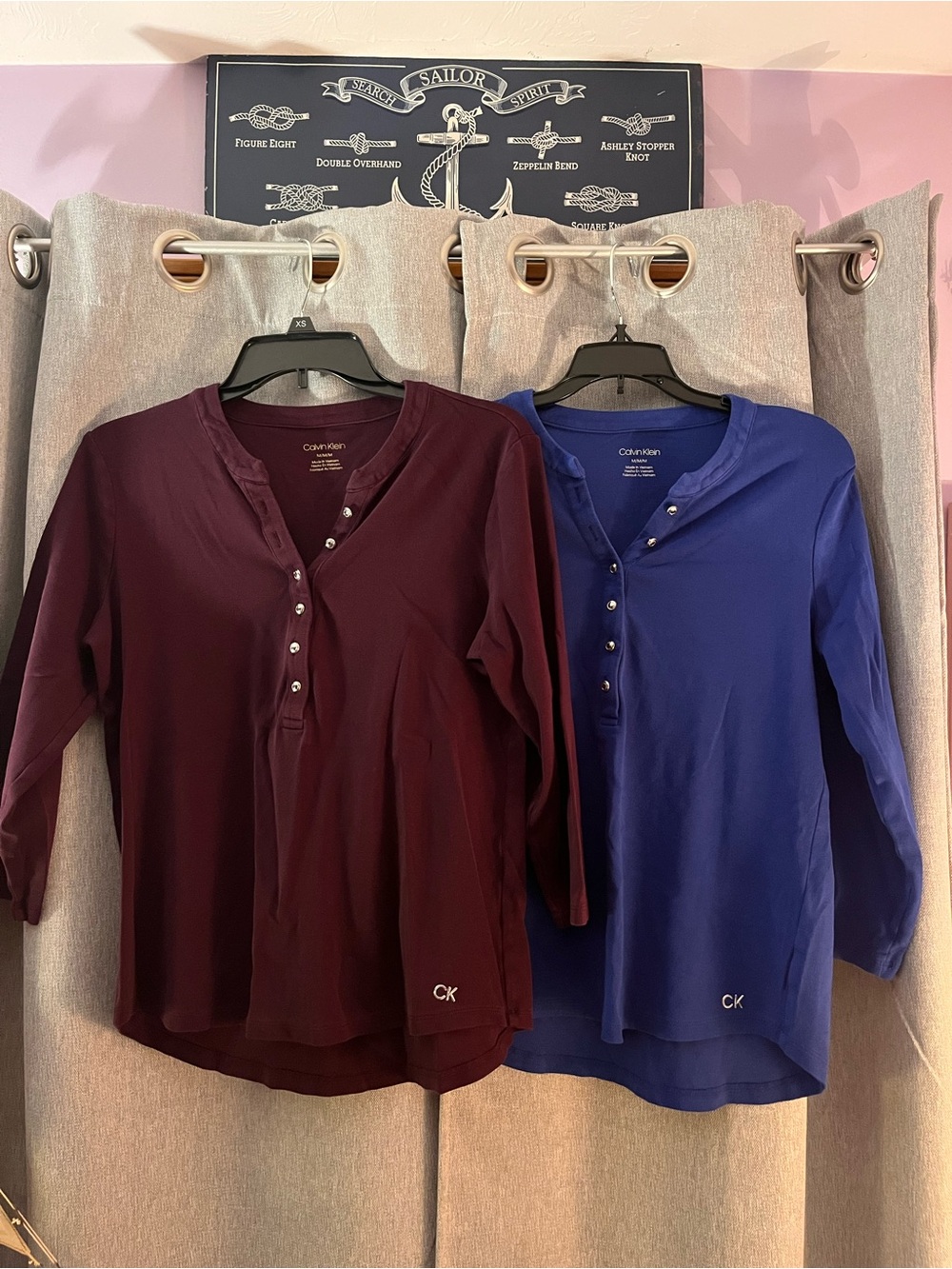 (2) Calvin Klein Long-Sleeve Henley Top Duo in Burgundy and Royal Blue